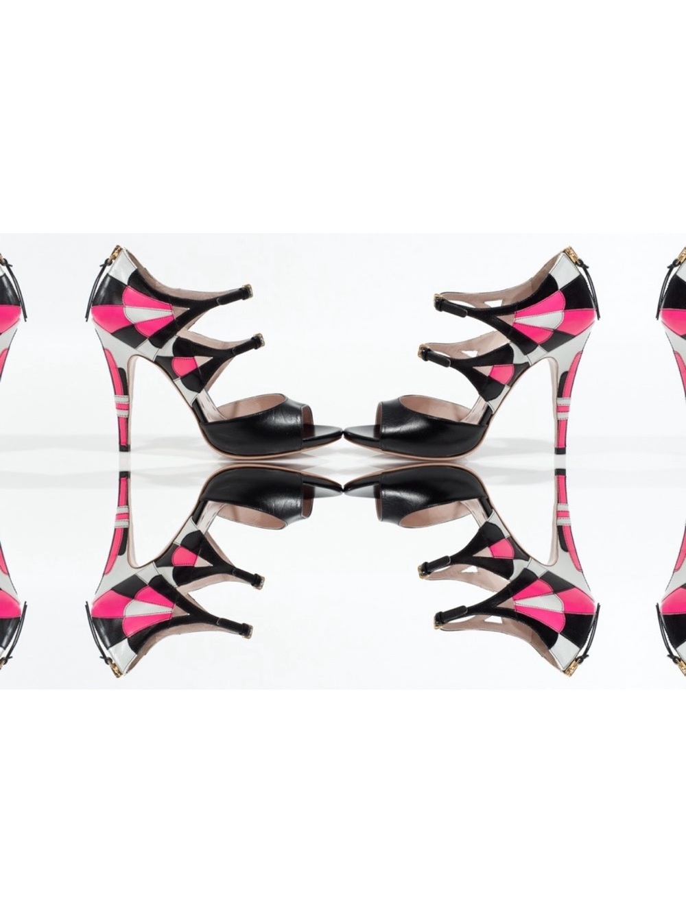 Miu Miu Black and Patterned Leather Multi-Strap Peep-Toe Heels